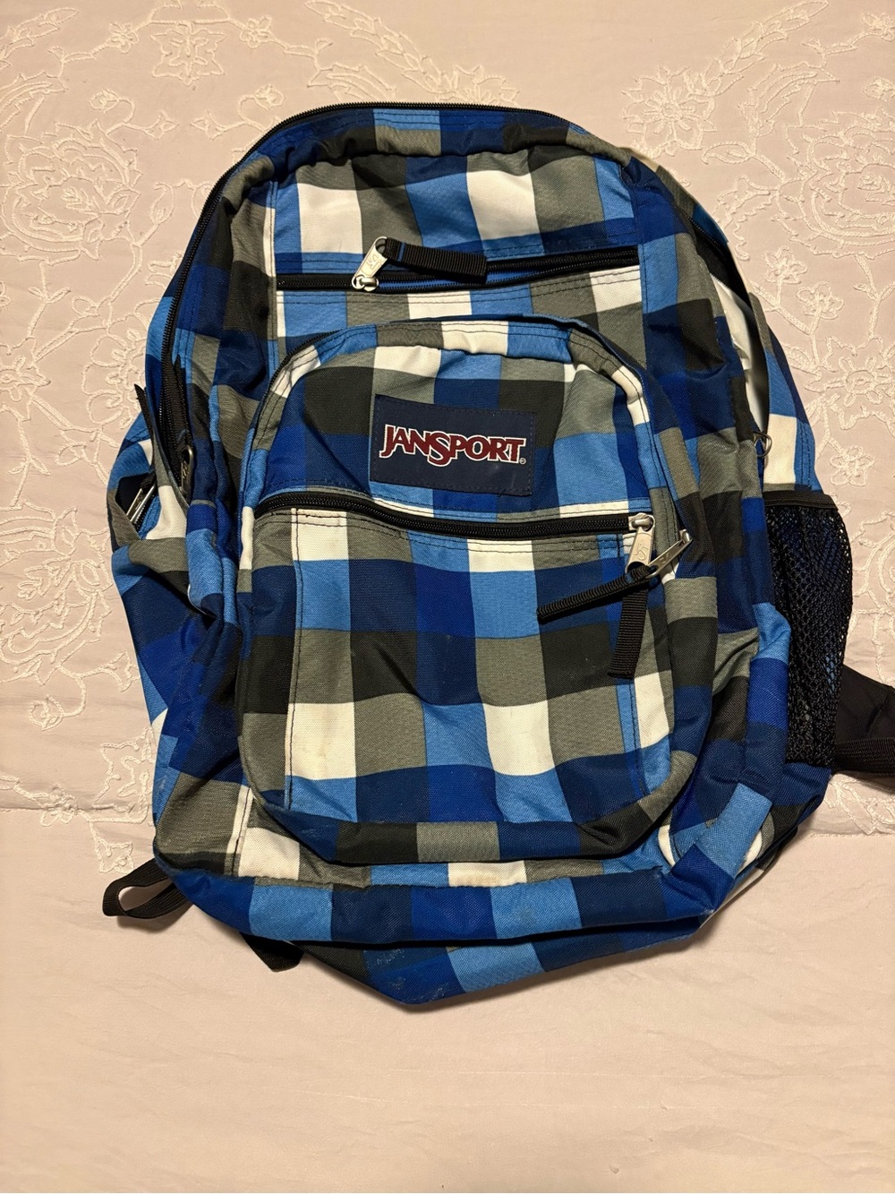 Jansport Blue, Black & White Plaid Backpack